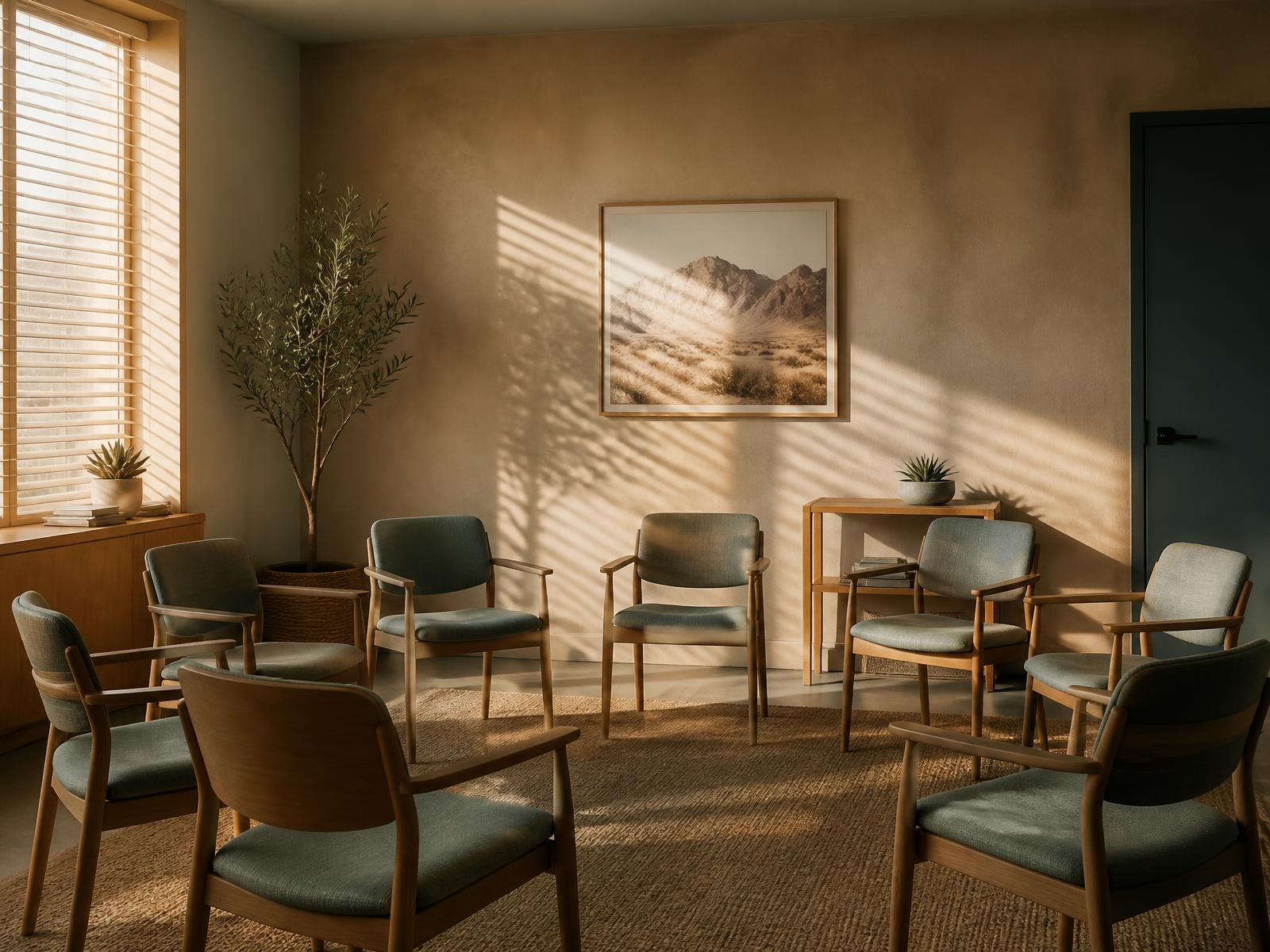 An empty group room with chairs arranged in a circle in warm morning light