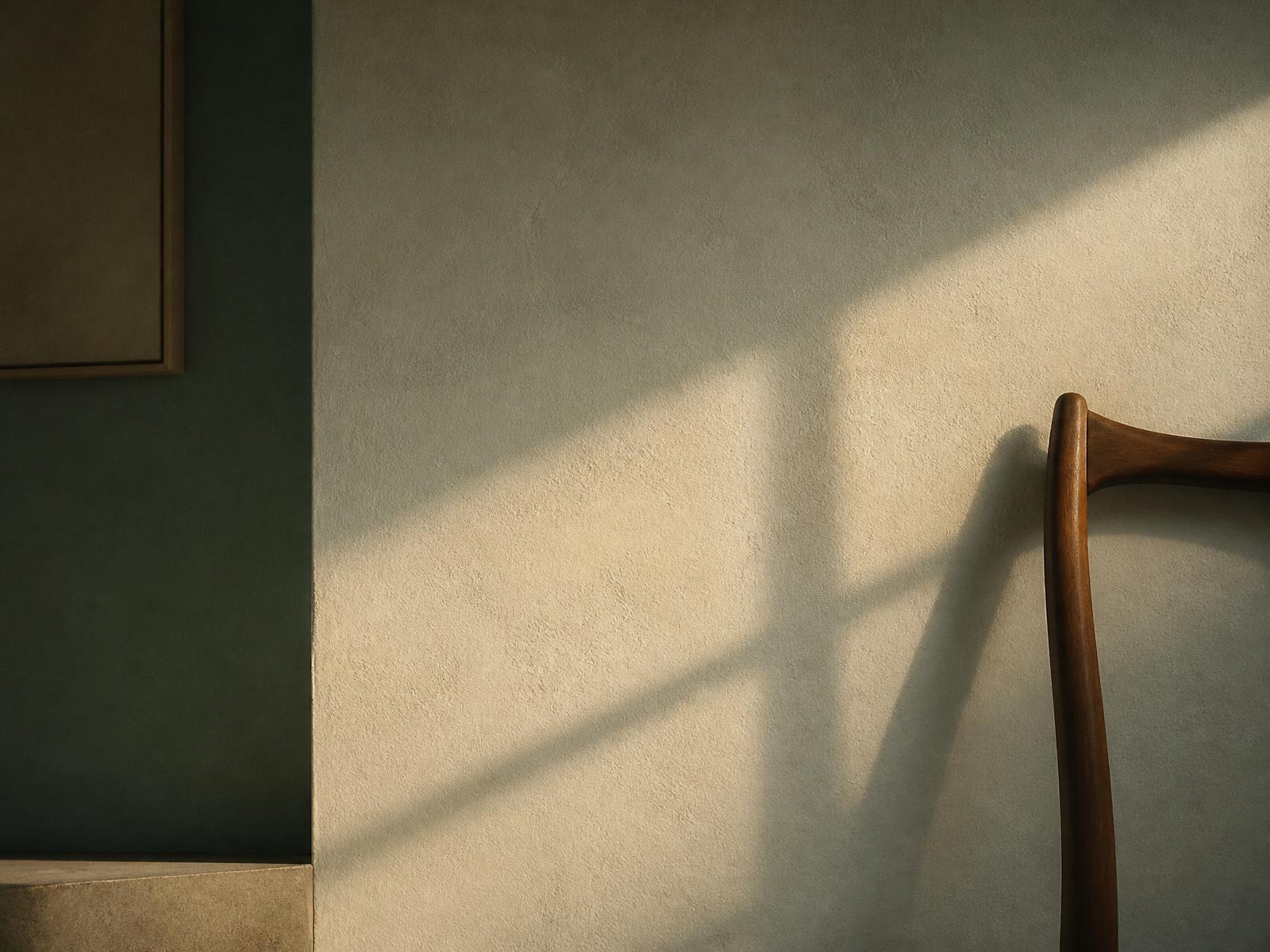 Morning light and a window shadow falling across a warm plaster wall beside a wooden chair